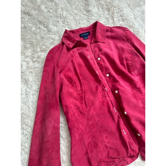 Ann Taylor Sz 4 100% Silk Red Hand Dyed Button Down Blouse Shirt Collared - Picture 3 of 6